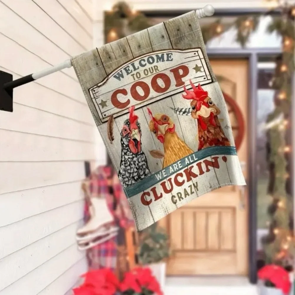 Welcome to Our Coop Tapestry Garden Flag, Red and Brown, NEW